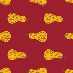 Vegetarian seamless vegie pattern with orange pumpkin shapes. Maroon background.