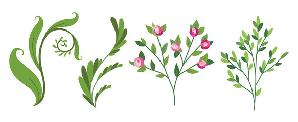 designer elements set collection of green forest fern, tropical green eucalyptus greenery art foliage natural leaves herbs, rose, flowers in watercolor style. Illustration for design.