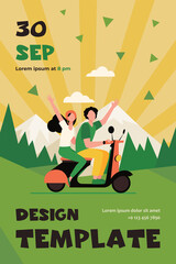 Man and woman riding moped in mountains. Forest, nature. Flat vector illustration. Traveling concept can be used for presentations, banner, website design, landing web page