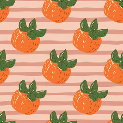 Seamless cartoon pattern with persimmons simple silhouettes. Orange ripe fruits on pink striped background.