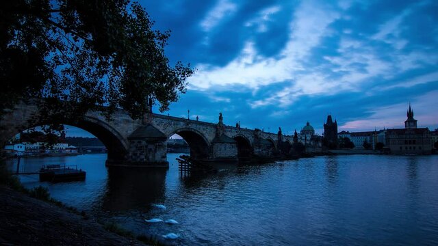 Blue morning cloudy timelapse of the Charles Bridge in Prague, Czech Republic next to the Vltava river with wide angle panoramic view
