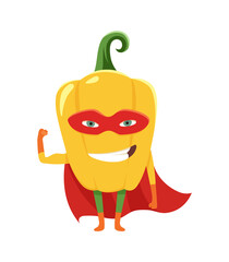 Cute cartoon smiling pepper superhero in mask and cape, colorful humanized vegetable character Illustration.