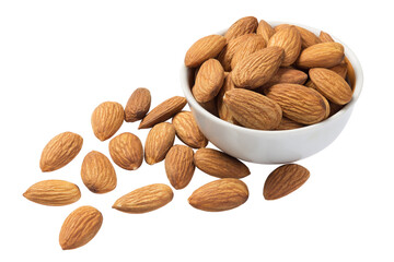Raw almonds in a white cup isolated on white
