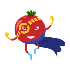Cute happy tomato superhero cartoon character of a vegetable in costume, mask and cloak. concept illustration in a flat style for a healthy eating and lifestyle.