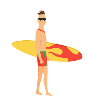 Young man surfboarder with surfboard and sunglasses illustartion.