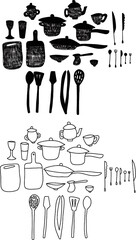 
kitchen utensils: pots, mittens, chopping board, spatula, fork, spoon, mug, hand drawn with black line