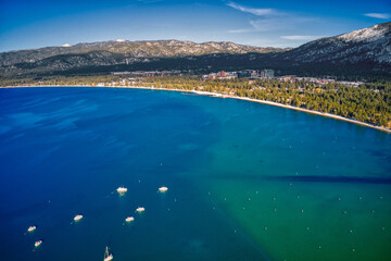 Aerial View of South Lake Tahoe which is on the California Nevada Stateline