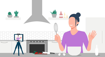 A young smiling woman cooking and recording live video for social networks on smartphone camera on tripod in her kitchen. Online culinary school. Blog, vlog, freelance. Online courses, e-learning. Eps