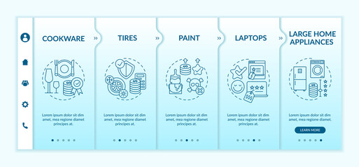 Spending more for high quality items onboarding vector template. Paint, laptops, large home appliances. Responsive mobile website with icons. Webpage walkthrough step screens. RGB color concept