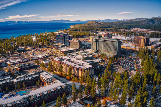Aerial View of South Lake Tahoe which is on the California Nevada Stateline