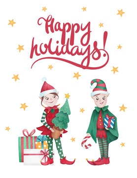 Merry Christmas card, watercolor illustration with Christmas elves