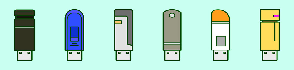 set of pen drive cartoon icon design template with various models. vector illustration isolated on blue background