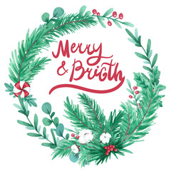 Merry and Bright card, watercolor illustration with Christmas wreath