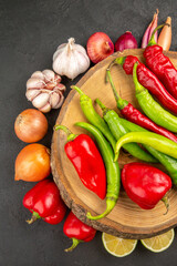 top view fresh vegetables with seasonings and peppers on grey background diet salad color ripe food health