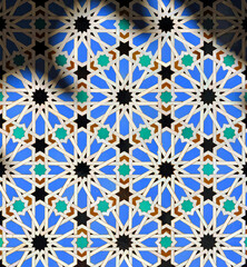 Puzzle mosaic. Al Andalus tiles. Seville tile. Arabic tiles from Spain. Alcazar of Seville. Arab pattern light and shadow decoration