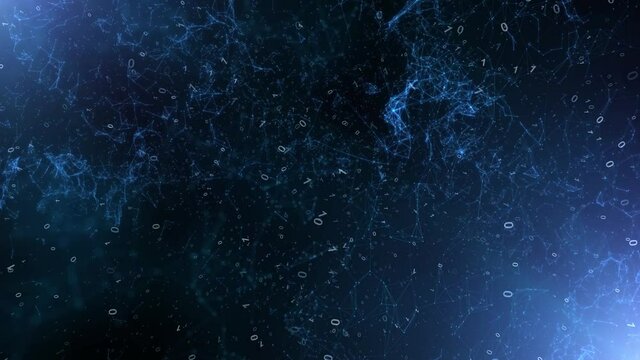 Futuristic network binary numbers rotation with lines, dots and flickering light effect motion on dark blue background. View from space. 