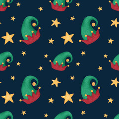 Watercolor Christmas seamless pattern. Hand drawn elf hats and stars