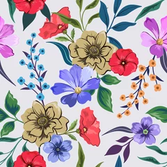 Fotobehang Colorful hand drawn seamless pattern with botanical floral design illustration. © floralpro