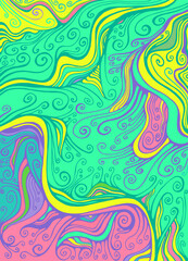 Fototapeta na wymiar Rainbow Colorful Psychedelic curly waves pattern. Fantastic art with decorative texture.