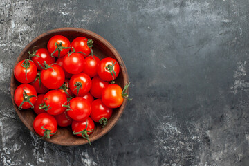 top view fresh red tomatoes inside plate on dark background color food salad vegetable photo free space