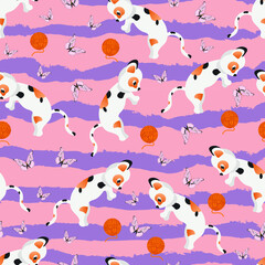 Cute funny cats, animal flat character isolated on pink background. Concept for wallpaper, wrapping paper, cards 