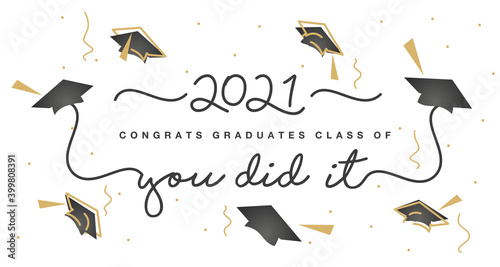 Class Of 21 Handwritten Typography Lettering Congratulations Graduates Line Design Gold Black Cap White Isolated Background Banner Wall Mural Simbos