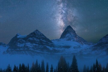 Plakat Night sky at Mount Assiniboine in winter from Nub peak. The Landscape of Mount Assiniboine, the Queen of Canadian Rockies, British Columbia, Canada. Beautiful mountains near Banff National park.