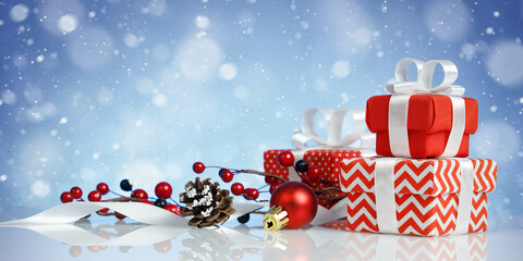 Christmas banner with three red gift boxes and decorations on blue background