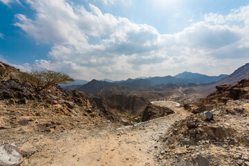 beautiful mountain landscape. hiking track in Fujairah,  Hajar mountains. 