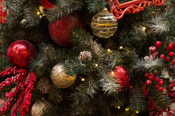 Close-up of a decorated Christmas tree. Christmas background. Horizontal orientation