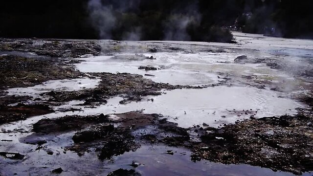Hot springs attraction in New Zealand with bubbling acidic and dangerously hot rivers, springs