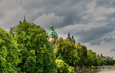 Munich Germany, city skyline at Saint Lukas Church and Isar River