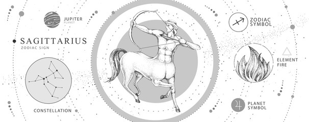 Modern magic witchcraft card with astrology Sagittarius zodiac sign. Realistic hand drawing centaur with Bow and arrow. Zodiac characteristic - obrazy, fototapety, plakaty