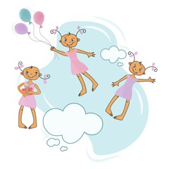 Cute funny and happy girls with gifts and balloons are flying in the sky.