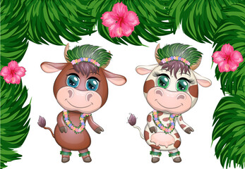 Naklejka premium A pair of cute cartoon bull and cow with beautiful eyes is the character of a Hawaiian hula dancer among leaves