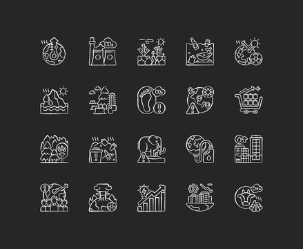 Global warming chalk white icons set on black background. Making climate change. Humanity problems solving. Planet damaging with reducing life resources. Isolated vector chalkboard illustrations