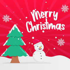 Fototapeta na wymiar template post social media greeting merry christmas with tree and snowman in snowfall
