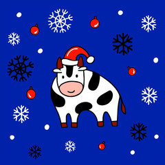 Cute white bull in christmas hat surrounded by snowflakes.The symbol of the new year 2021.