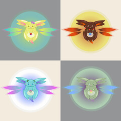 Magic pet. Vector. Autumn pet. Autumn symbol. Winter pet. Winter symbol. Spring symbol. Summer pet. Summer symbol.  Four Seasons. Cute pets. Four elements.