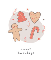 Cute Winter Holidays Vector Illustration with Sweet Christmas Tree Decorations. Hand Drawn Ginger Cookies Isolated on a Light Beige and White Background. Infantile Style Christmas Card.