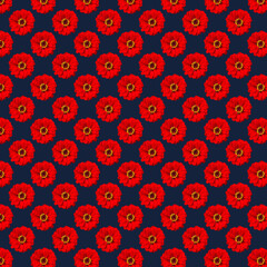 Seamless minimalistic red zinnias pattern on blue background. Photo collage. Floral background. Postcard. Printing on fabric. Wrapping paper. Pop art.