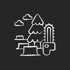 Deforestation chalk white icon on black background. Removal process of world forest. Damaging lands with clearing trees. Changing planet climate. Isolated vector chalkboard illustration