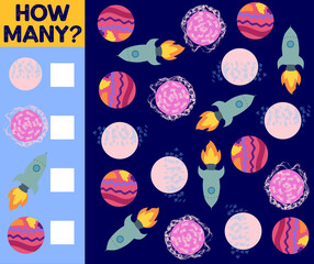 Counting Game for Preschool Children. Educational a mathematical game. Count how many space objects and write the result