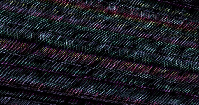 Abstract background concept for data network and analysis. Grid of glowing bright point and geometric pattern moving on dark background. Technology data visualization transfer. Connection and network