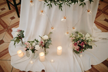 Wedding decor. Beautiful event venue. Creative decoration
