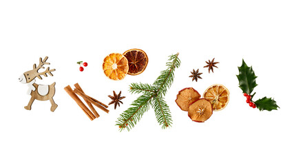 Christmas aromatic decoration with  wooden deer, spices, dried fruits and fir branch isolated on white