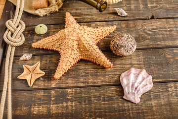 Sea and ocean gifts on a wooden background. Marine things. Sea products. Water Background for real captains and sailors. Pirate design. Bottle, rope, star. Underwater treasures.