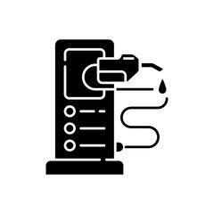 Refueling a car black glyph icon. Refilling your automobile fuel tank. Charging electrocar batteries. Using gasoline to move. Silhouette symbol on white space. Vector isolated illustration