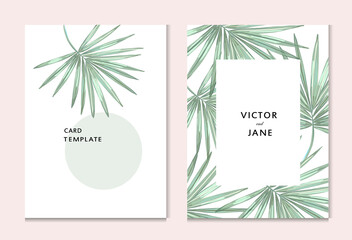 Minimalist tropical wedding invitation card template with palm leaves, vector design concept