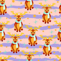 cute christmas rein deers winter. Flat design characters isolated on pink background. Concept for wallpaper, wrapping paper, cards 